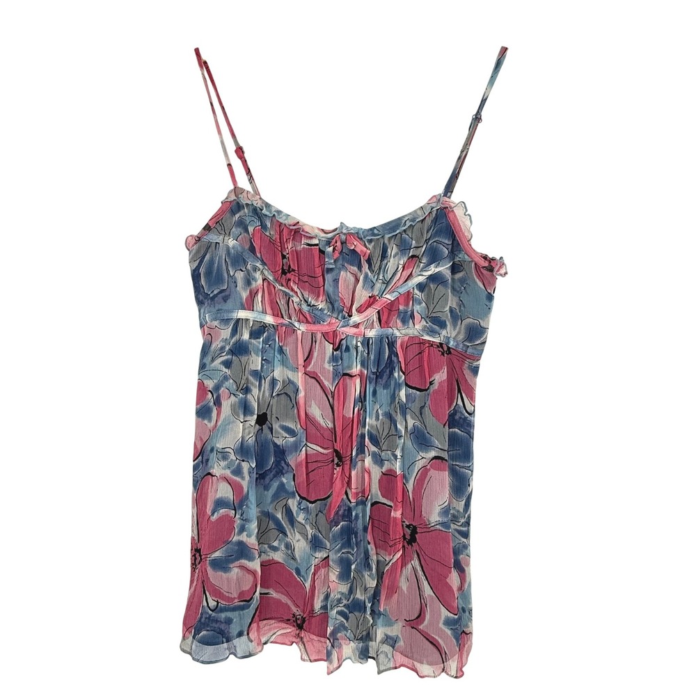 INC Silk Floral Camisole Women Size 2 Pink Blue Babydoll Ruffle Y2K Cami‎